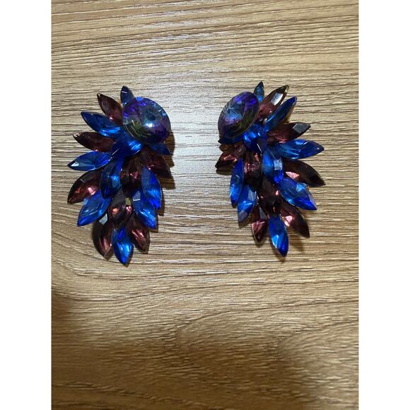 Vintage Michele Sugar Royal Blue and Purple Wing Drop Clip-On Earrings - Picture 2 of 5